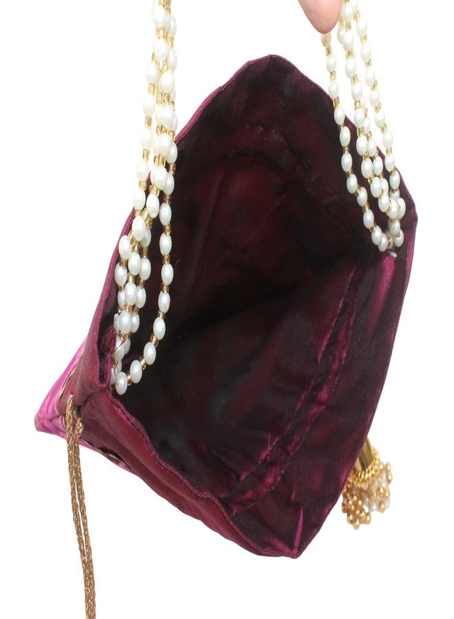 MILAN'S CREATION Pure Patola Silk Potli Single Ikkat/Rajkoti Bag Purse Beautiful Pearl Handle Tassels Women’s Handbag Royal Wedding Festival (Pink) - Image 5